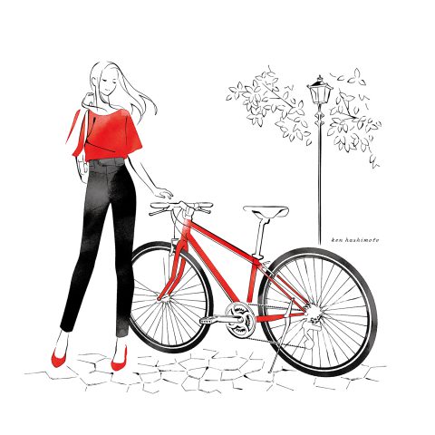 赤い自転車と女性イラスト