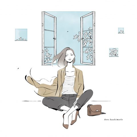 窓際の女性と秋風イラスト