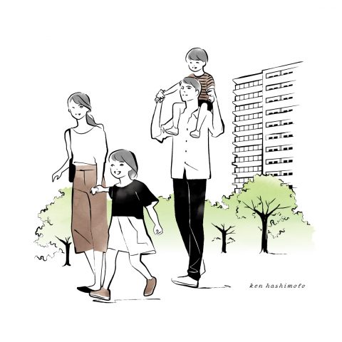 散歩する4人家族イラスト